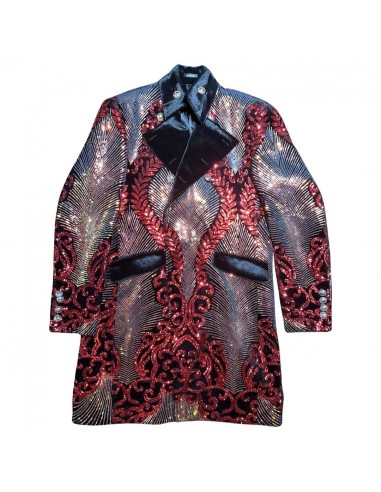 Angelino Red Sequin Double Breasted 3/4 Long Coat en stock