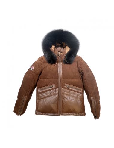 Goose Country Brown Suede Fox Fur Hooded Lambskin Puffer Jacket brillant des détails fins