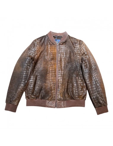 Kashani Chocolate Brown Pony Hair Alligator Print Bomber Jacket basket pas cher