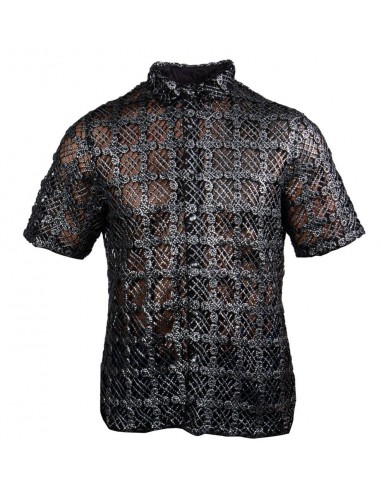 Prestige Black Silver Cross Lace Short Sleeve Button Up Shirt Livraison rapide