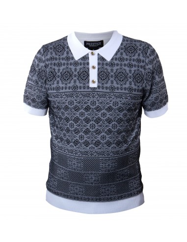 Prestige Black & White Hieroglyphics Knit Button Polo Shirt paiement sécurisé