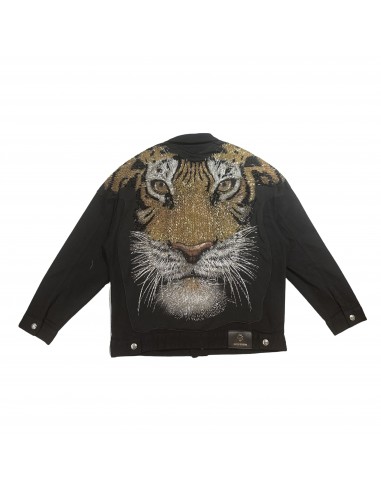 Barocco Tiger Hand Painted Sequin Black Jean Jacket offre 