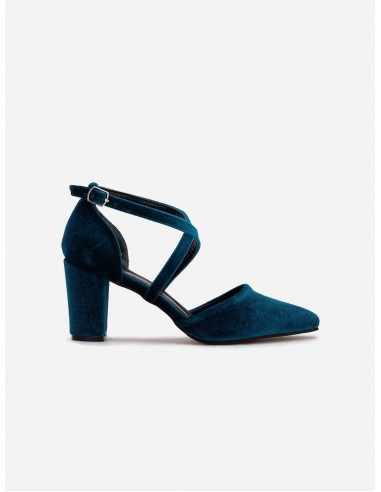 Sina Vegan Velvet Strappy Heels | Teal Blue pas cheres