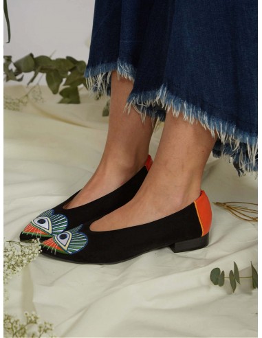 A Glance Vegan Eco Suede Embroidered Ballerinas | Black & Orange en ligne des produits 