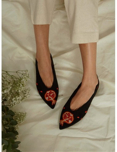 Pomegranate Vegan Eco Suede Embroidered Ballerinas | Black & Orange online