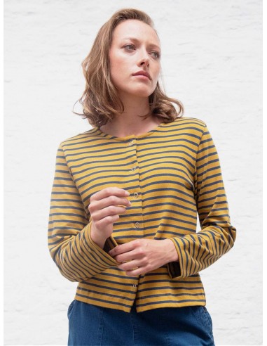 Joss Organic Cotton Jersey Cardigan | Mustard Stripe en stock