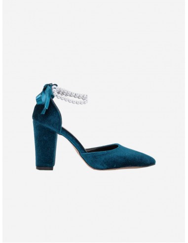 Hazel Vegan Velvet & Pearl Heels | Teal Blue de France