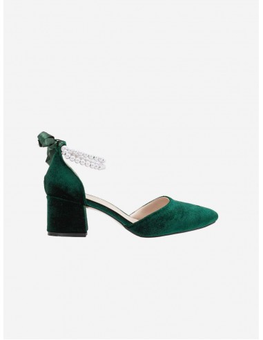 Miranda Vegan Velvet & Pearl Block Heel Sandals | Emerald Green l'achat 