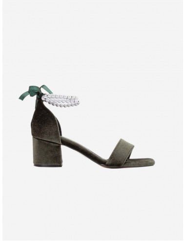 Illy Vegan Velvet & Pearl Heeled Sandals | Olive Green pas cher 