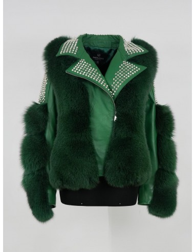 Temer Ladies Studded Money Green Fox Fur Biker Jacket l'achat 